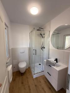 a bathroom with a shower and a toilet and a sink at Wittower Heide 40-2 in Glowe +24 photos