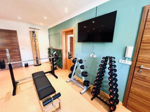 a room with a gym with weights and a flat screen tv at Haus Leitner in Attersee am Attersee
