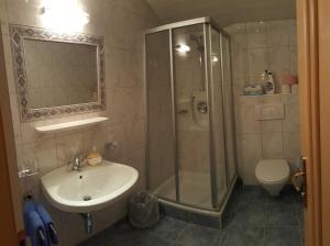 a bathroom with a shower and a sink and a toilet at Haus Falke in Sölden