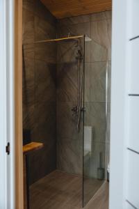 a shower with a glass door in a bathroom at Putyscha house in Tukhlya +10 photos