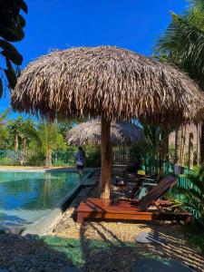 a large straw umbrella next to a swimming pool at Bird House Ecolodge Nghệ An in Hữu Biêt
