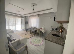 a living room with a kitchen and a living room with a couch at Kuğu Apart Pansiyon in Sinop +10 photos