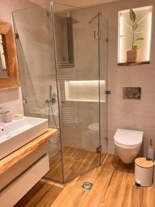 a bathroom with a glass shower and a toilet at Harmony garden house in Porto Rafti +27 photos