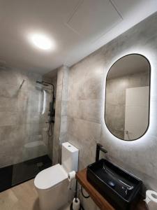 a bathroom with a toilet and a sink and a mirror at Apartamento exclusivo Muralla de Lugo 1.1 in Lugo