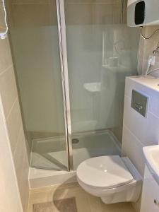 a bathroom with a shower and a toilet at Makosieje Resort-15m od brzegu,widok na jezioro,wi-fi in Makosieje +33 photos