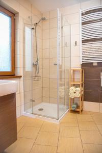 a bathroom with a shower with a glass door at Domki Białogóra in Białogóra +20 photos