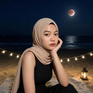 a woman sitting on the beach at night at Bandardarat in Manado