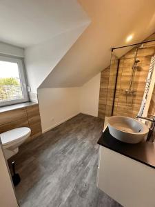 a bathroom with a sink and a toilet in it at Logement Pirate themed suite with parking in Vesoul +32 photos