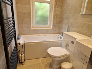 a bathroom with a toilet and a sink and a window at Airlie Gardens in Brodick