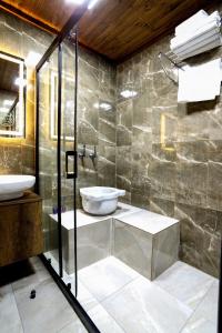 a bathroom with a sink and a glass shower at Nisyan Konağı 1921 in Şahinbey +5 photos