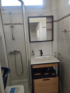 a small bathroom with a sink and a shower at bord de mer in Leucate-Plage +6 photos
