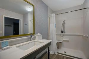 a bathroom with a sink and a shower at Hampton Inn Westfield in Westfield +23 photos