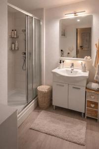 a bathroom with a white sink and a shower at Grand appartement 5 pers avec parking proche du centre ville de Toulouse in Toulouse