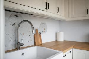 a kitchen with a sink and a counter top at Cozy Apartment Mazeikiai in Mažeikiai