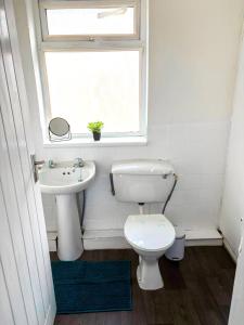 a bathroom with a toilet and a sink and a window at New Hampton Units in Wolverhampton
