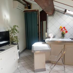 a kitchen with a sink and a counter with flowers at Studio atypique de charme in Cannes