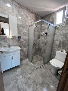 a bathroom with a shower and a sink and a toilet at Emirhan Guesthouse & Suites in Istanbul +45 photos