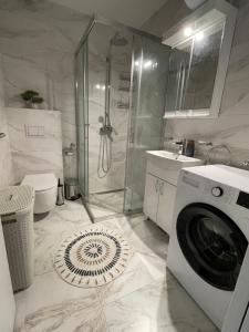 a bathroom with a shower and a washing machine at Apartman Green Oaza in Vrbas +39 photos