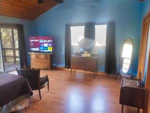 a bedroom with blue walls and a bed and a television at Buffalo River Misty Creek Lodge in Vendor
