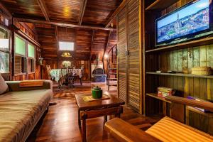 a living room with a couch and a tv at Rosa Chalé do Vô Walter in Gramado