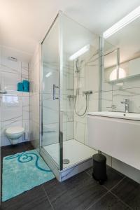 a bathroom with a shower and a toilet and a sink at Apartments Sank Georgenstrasse in St. Gallen +35 photos