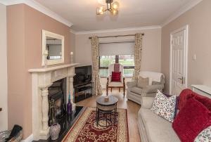 a living room with a couch and a fireplace at Sleepy Rock in Dungarvan