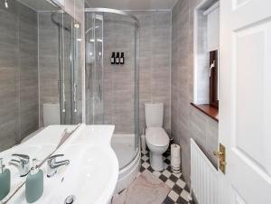 a bathroom with a sink and a toilet and a shower at Sleepy Rock in Dungarvan