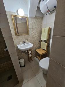 a bathroom with a sink and a toilet and a mirror at Capparis Studio in Mikonos +8 photos
