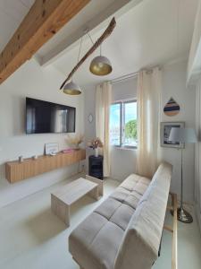 a living room with a couch and a tv at Appartement avec piscine proche plages in Cap d'Agde