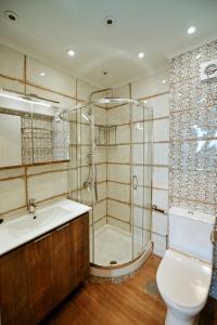 a bathroom with a shower and a toilet and a sink at Earino apartments in Hydra +48 photos