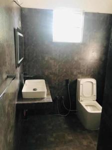a bathroom with a sink and a toilet and a window at Ceylon Airport Apartment in Raddoluwa