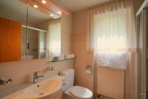 a bathroom with a sink and a toilet and a mirror at Chalet Miravalle 2 in Wengen +18 photos
