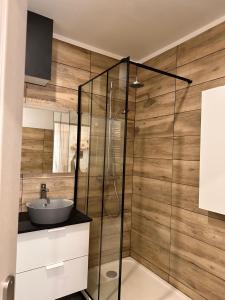 a bathroom with a glass shower and a sink at Savane 2 bedrooms and private parking in Vesoul +19 photos