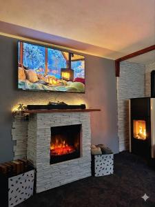 a living room with a fireplace with a tv above it at BraziHouse - pine escape with jacuzzi in Petroşani