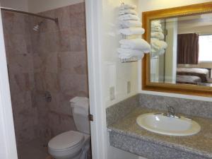 a bathroom with a toilet a sink and a mirror at Best Economy Inn & Suites in Bakersfield