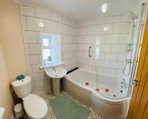 a bathroom with a tub and a toilet and a sink at Maesyfelin Isaf Apartment in Llanybyther +39 photos