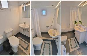 two pictures of a bathroom with two toilets and a sink at Aquarius Kefalonia in Pesádha +8 photos