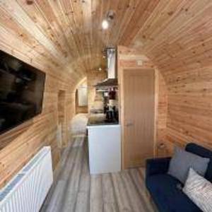 a living room with a couch in a wooden room at Foundry Farm Arch- pod inspired home in Hexham