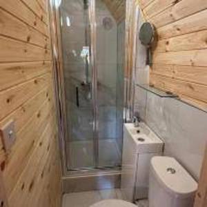 a bathroom with a toilet and a glass shower at Foundry Farm Arch- pod inspired home in Hexham