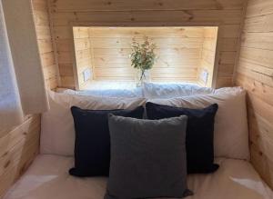 a room with a couch with pillows in it at Foundry Farm Arch- pod inspired home in Hexham