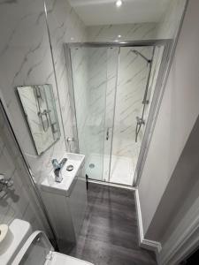 a bathroom with a shower and a toilet and a sink at The Wolf Inn in Lowestoft +42 photos