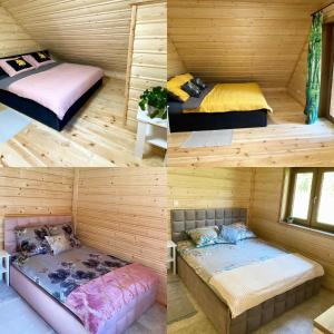 three pictures of a room with two beds at Radość o poranku in Smardzew