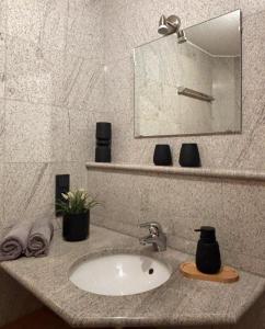 a bathroom counter with a sink and a mirror at Upland-Living in Willingen