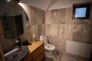 a bathroom with a sink and a toilet and a mirror at La Stanca in Cheia +18 photos