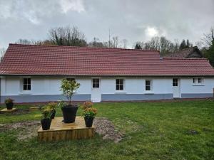 a white house with two potted plants in front of it at Gite Le Reposoir Argoules in Argoules