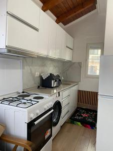 a kitchen with a stove and a washing machine at Vila Palma in Draç