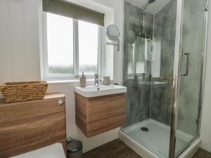 a bathroom with a shower and a sink at Bwthyn in Moelfre +15 photos