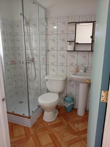 a bathroom with a toilet and a shower and a sink at Casa un rincón acogedor in Temuco