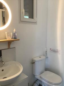 a white bathroom with a toilet and a sink at Le studio de St Martin in Saint-Martin-de-lʼArçon