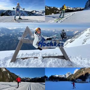 a collage of photos of people on a ski slope at WildAlps-Apartments in Wildalpen
